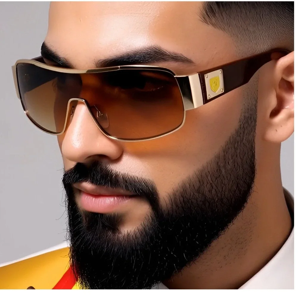 Block Curved One Piece Shield Sunglasses‎ Men's Flat Top Gold Frame Brown Lens